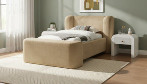 Meridian Furniture Modena Sculptural Chenille Twin Bed Curved Upholstered Frame for Modern Bedroom Decor Beige ModenaBeige-T