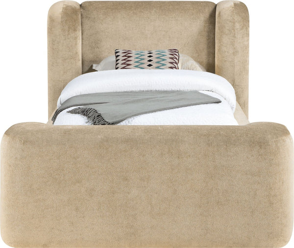 Meridian Furniture Modena Sculptural Chenille Twin Bed Curved Upholstered Frame for Modern Bedroom Decor Beige ModenaBeige-T