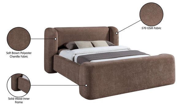 Meridian Furniture Modena Sculptural Queen Bed Plush Chenille Upholstered Curved Frame for Modern Bedroom Brown ModenaBrown-Q