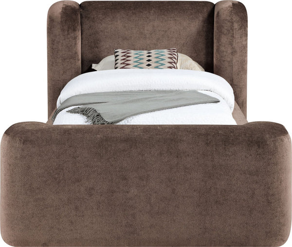 Meridian Furniture Modena Sculptural Chenille Twin Bed Curved Upholstered Frame for Modern Bedroom Decor Brown ModenaBrown-T