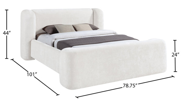 Meridian Furniture Modena Sculptural Queen Bed Plush Chenille Upholstered Curved Frame for Modern Bedroom Cream ModenaCream-Q