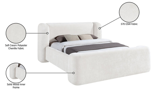 Meridian Furniture Modena Sculptural Queen Bed Plush Chenille Upholstered Curved Frame for Modern Bedroom Cream ModenaCream-Q