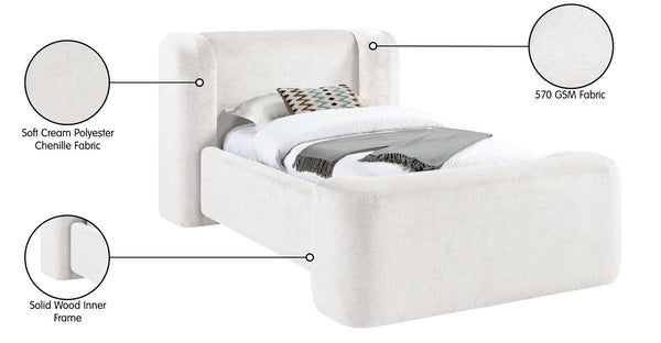 Meridian Furniture Modena Sculptural Chenille Twin Bed Curved Upholstered Frame for Modern Bedroom Decor Cream ModenaCream-T