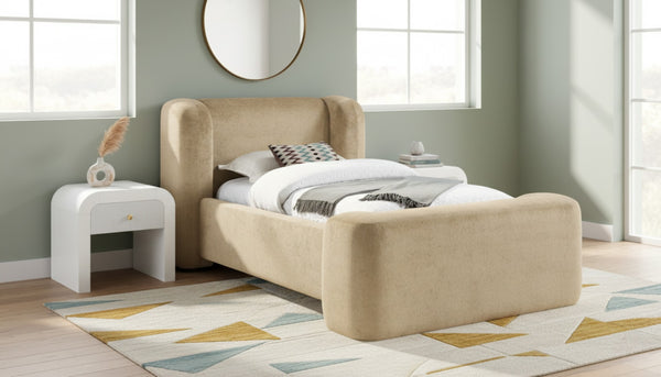 Meridian Furniture Modena Sculptural Chenille Twin Bed Curved Upholstered Frame for Modern Bedroom Decor Cream ModenaCream-T