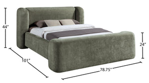 Meridian Furniture Modena Sculptural Queen Bed Plush Chenille Upholstered Curved Frame for Modern Bedroom Green ModenaGreen-Q
