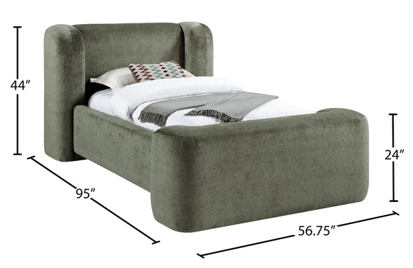 Meridian Furniture Modena Sculptural Chenille Twin Bed Curved Upholstered Frame for Modern Bedroom Decor Green ModenaGreen-T