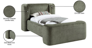Meridian Furniture Modena Sculptural Chenille Twin Bed Curved Upholstered Frame for Modern Bedroom Decor Green ModenaGreen-T