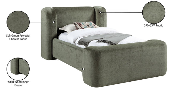 Meridian Furniture Modena Sculptural Chenille Twin Bed Curved Upholstered Frame for Modern Bedroom Decor Green ModenaGreen-T