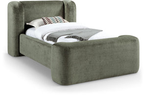 Meridian Furniture Modena Sculptural Chenille Twin Bed Curved Upholstered Frame for Modern Bedroom Decor Green ModenaGreen-T