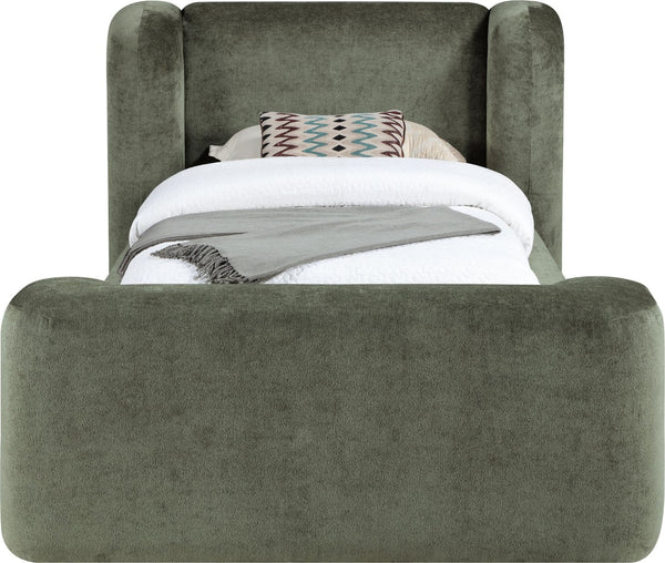 Meridian Furniture Modena Sculptural Chenille Twin Bed Curved Upholstered Frame for Modern Bedroom Decor Green ModenaGreen-T