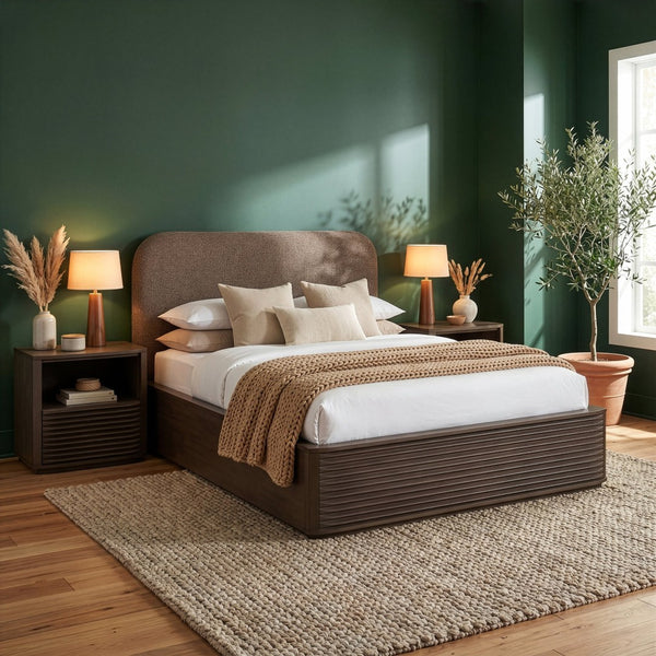 Meridian Furniture Morino King Bed Upholstered Curved Headboard Solid Wood Base Modern Bedroom Elegance Brown MorinoBrown-K