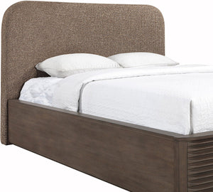 Meridian Furniture Morino Queen Bed Upholstered Curved Headboard Oak Frame Contemporary Bedroom Design Brown MorinoBrown-Q