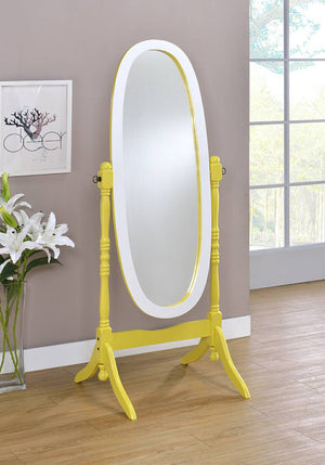 ORE International 59.25 Inch Oval Cheval Floor Mirror Eucalyptus Wood Spindle Frame Bedroom Accent Yellow / White N4001-YEL/WH