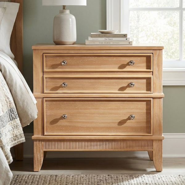 English Elm Hazel Farmhouse Pine Nightstand with Three Drawers Fluted Molding and Washed Finish N701P183796D