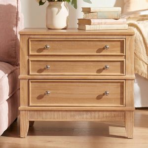 English Elm Hazel Farmhouse Pine Nightstand with Three Drawers Fluted Molding and Washed Finish N701P183796D