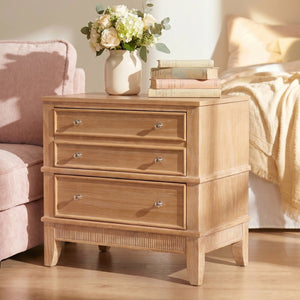English Elm Hazel Farmhouse Pine Nightstand with Three Drawers Fluted Molding and Washed Finish N701P183796D
