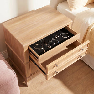 English Elm Hazel Farmhouse Pine Nightstand with Three Drawers Fluted Molding and Washed Finish N701P183796D