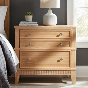 English Elm Hazel Farmhouse Pine Nightstand with Three Drawers Fluted Molding and Washed Finish N701P183796D