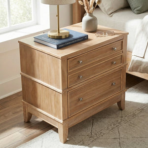 English Elm Hazel Farmhouse Pine Nightstand with Three Drawers Fluted Molding and Washed Finish N701P183796D