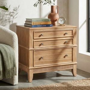 English Elm Hazel Farmhouse Pine Nightstand with Three Drawers Fluted Molding and Washed Finish N701P183796D