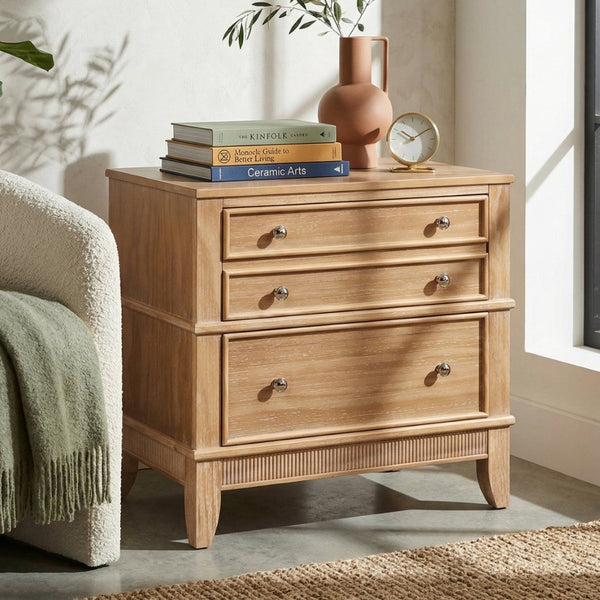 English Elm Hazel Farmhouse Pine Nightstand with Three Drawers Fluted Molding and Washed Finish N701P183796D