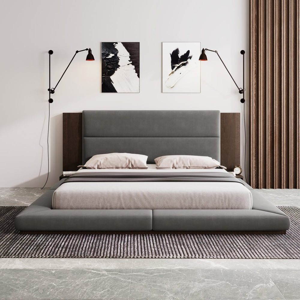 English Elm Floor Queen Platform Bed Gray Velvet Upholstery Built-in Shelves Wood Headboard N701P194877E
