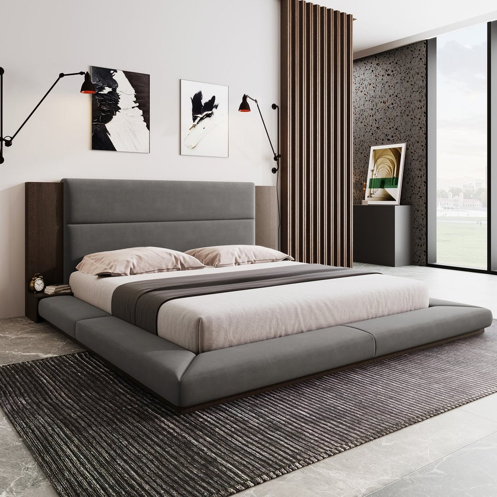 English Elm Floor Queen Platform Bed Gray Velvet Upholstery Built-in Shelves Wood Headboard N701P194877E