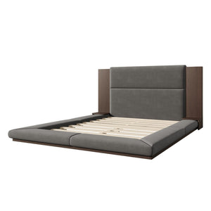English Elm Floor Queen Platform Bed Gray Velvet Upholstery Built-in Shelves Wood Headboard N701P194877E