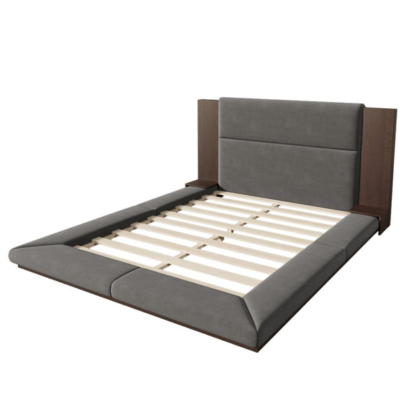 English Elm Floor Queen Platform Bed Gray Velvet Upholstery Built-in Shelves Wood Headboard N701P194877E