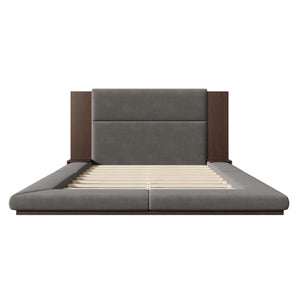 English Elm Floor Queen Platform Bed Gray Velvet Upholstery Built-in Shelves Wood Headboard N701P194877E
