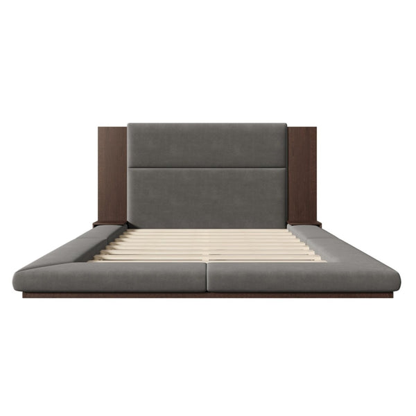 English Elm Floor Queen Platform Bed Gray Velvet Upholstery Built-in Shelves Wood Headboard N701P194877E