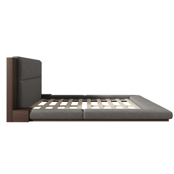 English Elm Floor Queen Platform Bed Gray Velvet Upholstery Built-in Shelves Wood Headboard N701P194877E