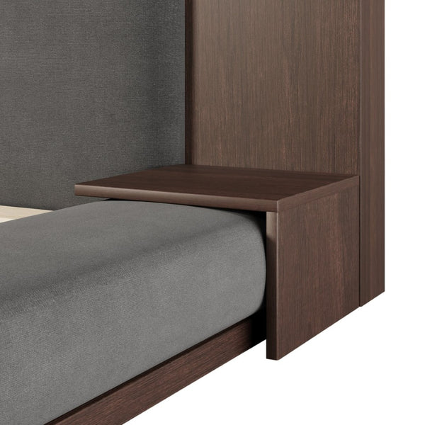 English Elm Floor Queen Platform Bed Gray Velvet Upholstery Built-in Shelves Wood Headboard N701P194877E