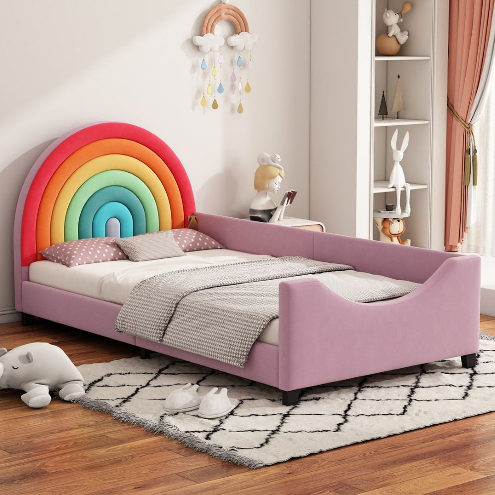 English Elm Rainbow Velvet Upholstered Twin Daybed Low Profile Kids Bedroom Arch Frame N701P229929Z