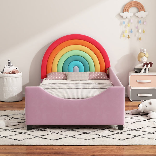 English Elm Rainbow Velvet Upholstered Twin Daybed Low Profile Kids Bedroom Arch Frame N701P229929Z