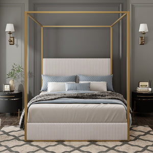 English Elm Modern King Canopy Bed with Gold Iron Frame and Tall Corduroy Upholstered Headboard Beige/Gold N701P263963A