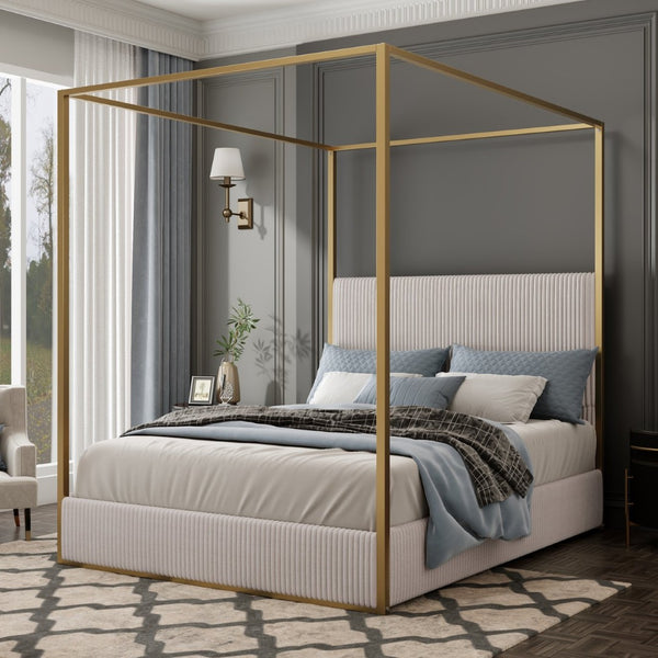 English Elm Modern King Canopy Bed with Gold Iron Frame and Tall Corduroy Upholstered Headboard Beige/Gold N701P263963A
