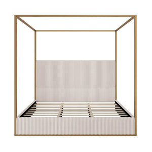 English Elm Modern King Canopy Bed with Gold Iron Frame and Tall Corduroy Upholstered Headboard Beige/Gold N701P263963A
