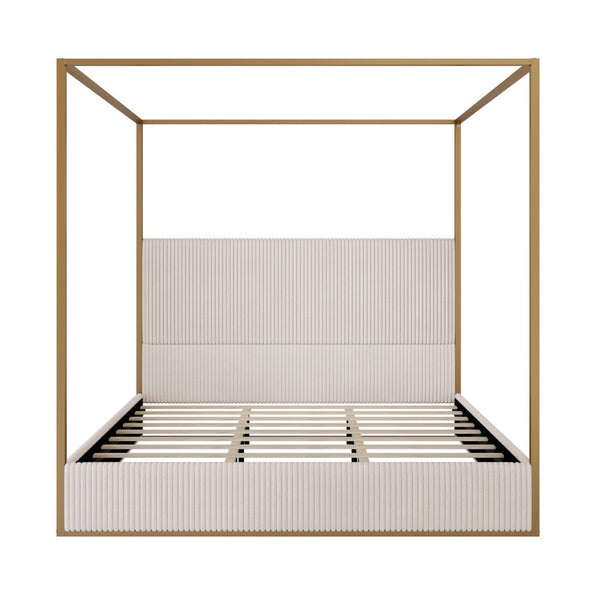 English Elm Modern King Canopy Bed with Gold Iron Frame and Tall Corduroy Upholstered Headboard Beige/Gold N701P263963A