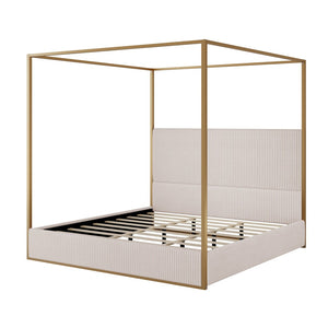 English Elm Modern King Canopy Bed with Gold Iron Frame and Tall Corduroy Upholstered Headboard Beige/Gold N701P263963A