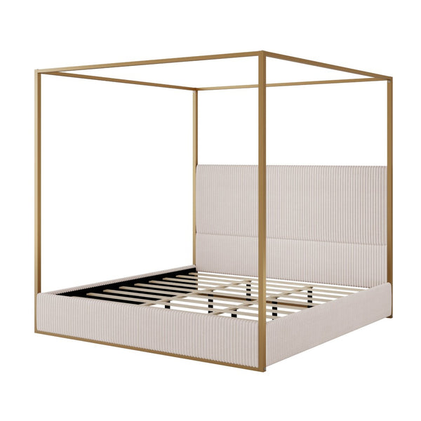 English Elm Modern King Canopy Bed with Gold Iron Frame and Tall Corduroy Upholstered Headboard Beige/Gold N701P263963A