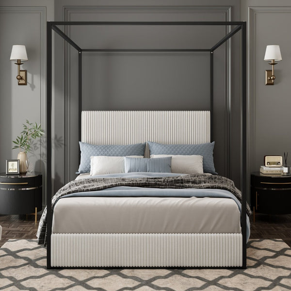 English Elm Modern King Canopy Bed with Gold Iron Frame and Tall Corduroy Upholstered Headboard White N701P263963B