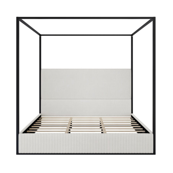 English Elm Modern King Canopy Bed with Gold Iron Frame and Tall Corduroy Upholstered Headboard White N701P263963B