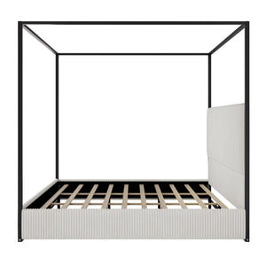English Elm Modern King Canopy Bed with Gold Iron Frame and Tall Corduroy Upholstered Headboard White N701P263963B