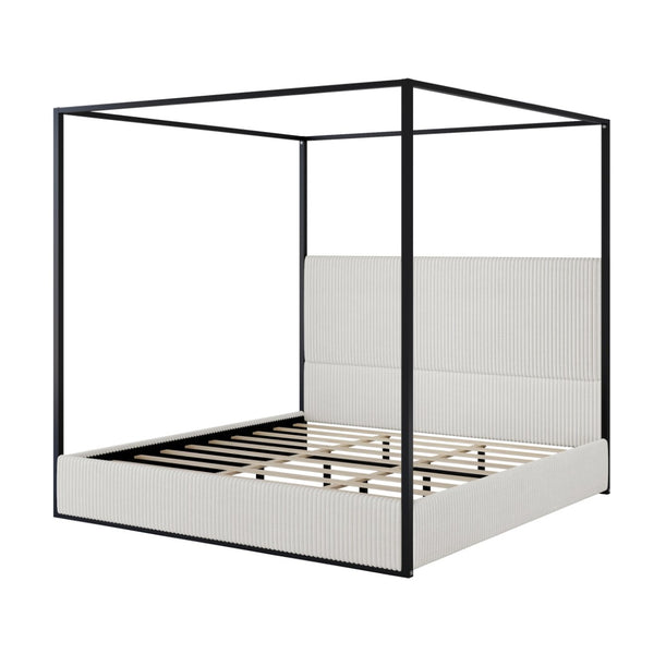 English Elm Modern King Canopy Bed with Gold Iron Frame and Tall Corduroy Upholstered Headboard White N701P263963B