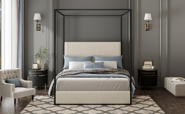 English Elm Modern King Canopy Bed with Gold Iron Frame and Tall Corduroy Upholstered Headboard White N701P263963B