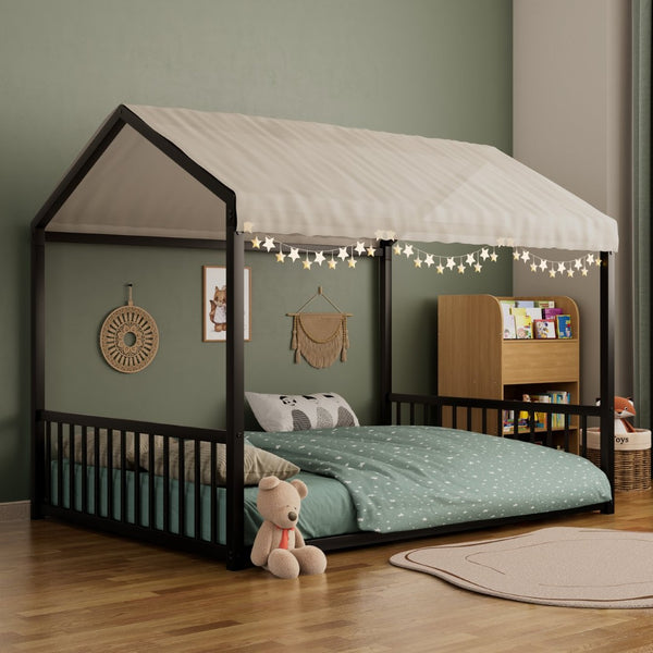 English Elm Full Size Montessori House Bed Low Profile Steel Frame with Vertical Safety Guardrails Black N701P265959B