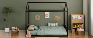 English Elm Full Size Montessori House Bed Low Profile Steel Frame with Vertical Safety Guardrails Black N701P265959B