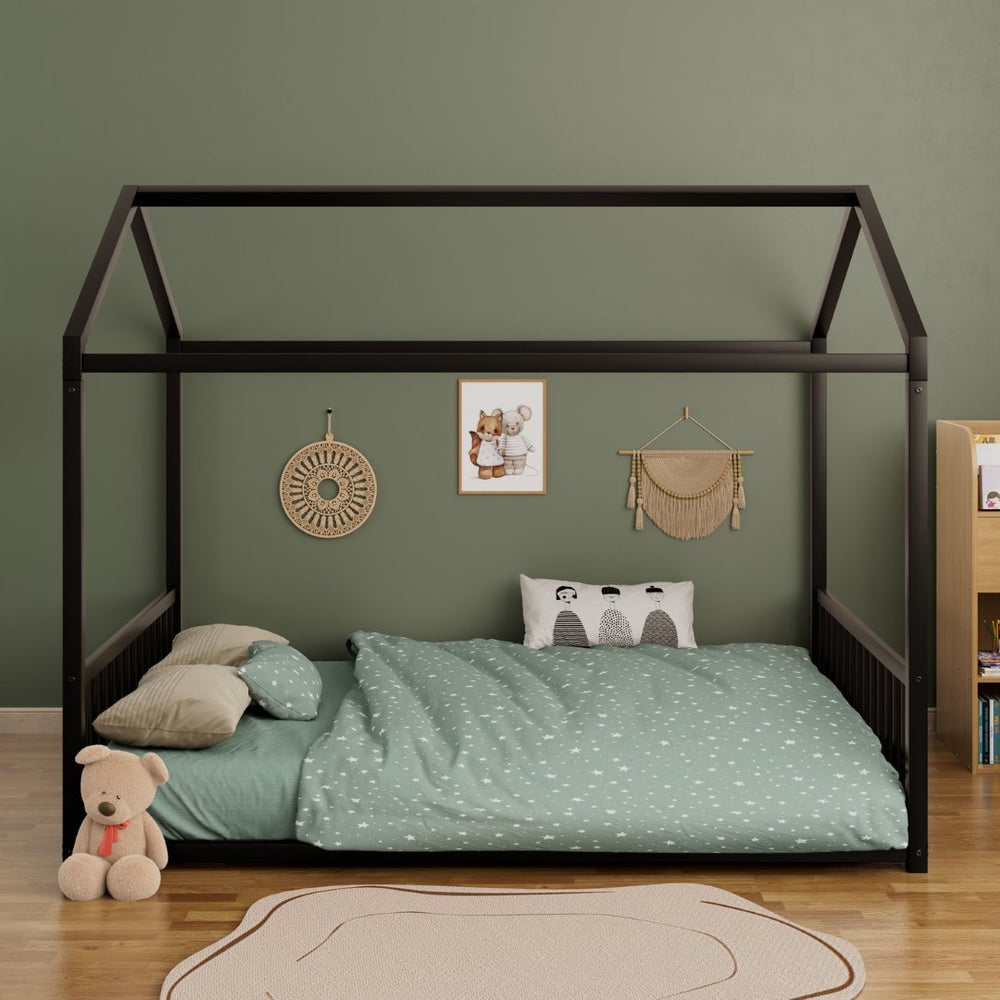 English Elm Full Size Montessori House Bed Low Profile Steel Frame with Vertical Safety Guardrails Black N701P265959B
