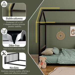 English Elm Full Size Montessori House Bed Low Profile Steel Frame with Vertical Safety Guardrails Black N701P265959B